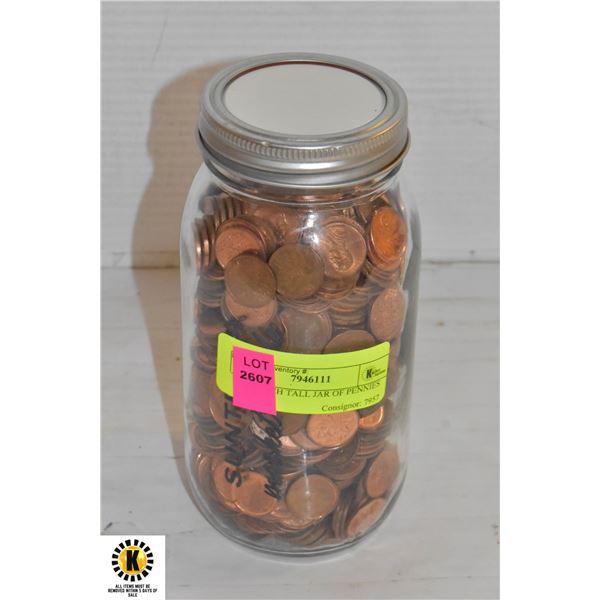 OLD 7 INCH TALL JAR OF PENNIES