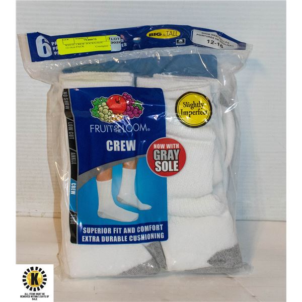 WHITE CREW SOCKS,SIZE 12-16,6-PACK