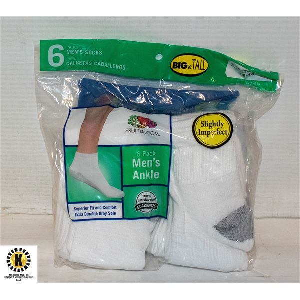 ANKLE SOCKS WHITE,SIZE 12-16,6-PACK,FRUIT OF THE