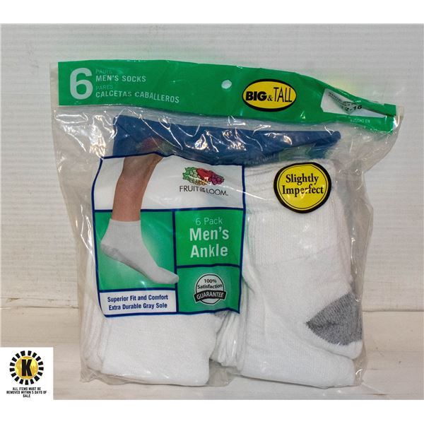 ANKLE SOCKS WHITE,SIZE 12-16,6-PACK,FRUIT OF THE