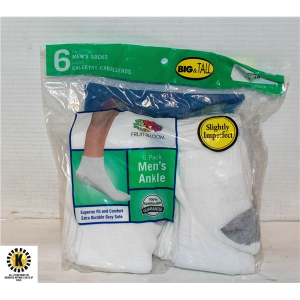 ANKLE SOCKS WHITE,SIZE 12-16,6-PACK,FRUIT OF THE