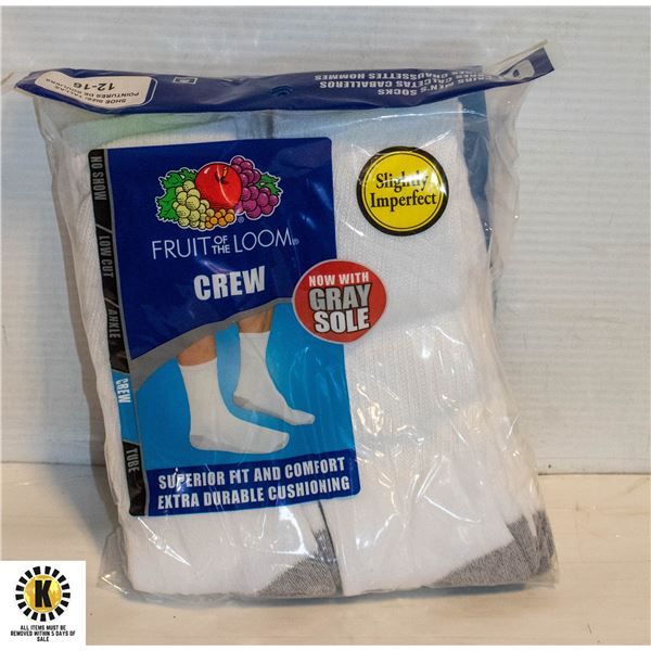 WHITE CREWSOCKS,SIZE 12-16,6-PACK,FRUIT OF THE