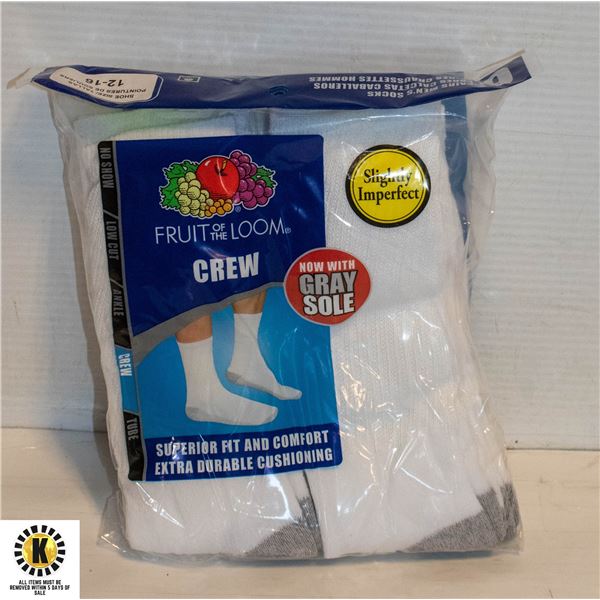 WHITE CREWSOCKS,SIZE 12-16,6-PACK,FRUIT OF THE