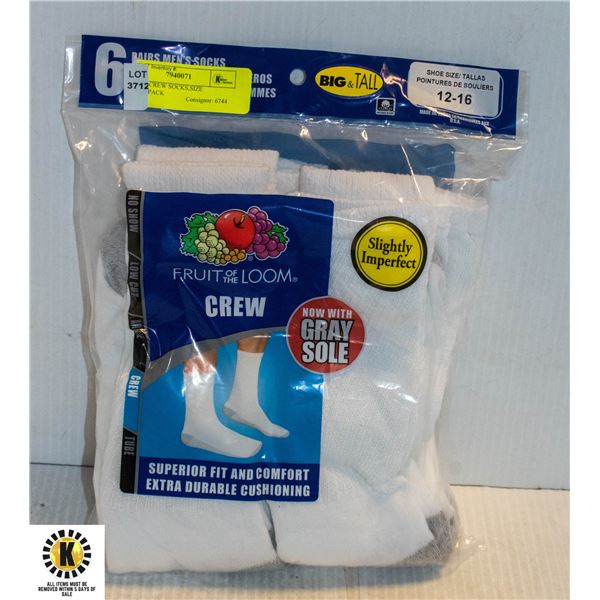 WHITE CREW SOCKS,SIZE 12-16,6-PACK