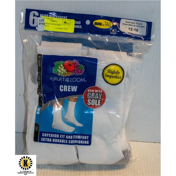 WHITE CREW SOCKS,SIZE 12-16,6-PACK