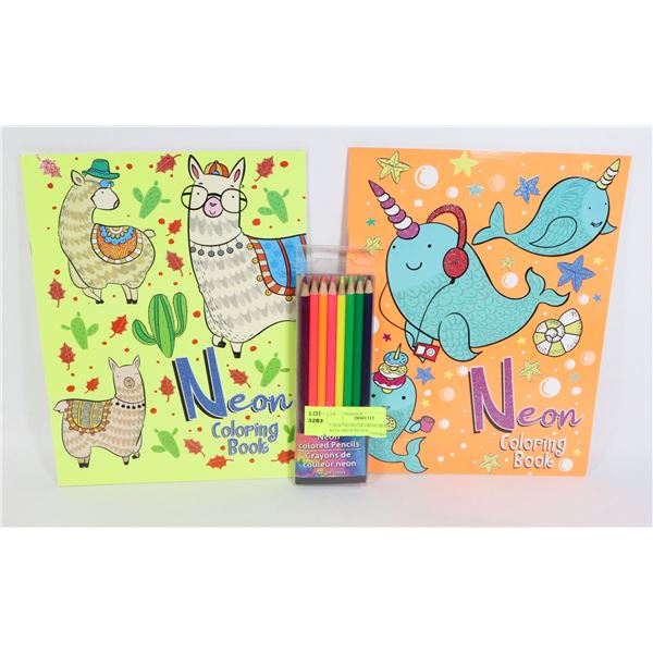 2 NEW NEON COLORING BOOKS WITH NEON PENCIL