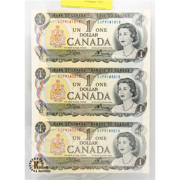 3 UNCUT 1973 CANADIAN 1 DOLLAR BILLS