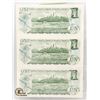 Image 2 : 3 UNCUT 1973 CANADIAN 1 DOLLAR BILLS