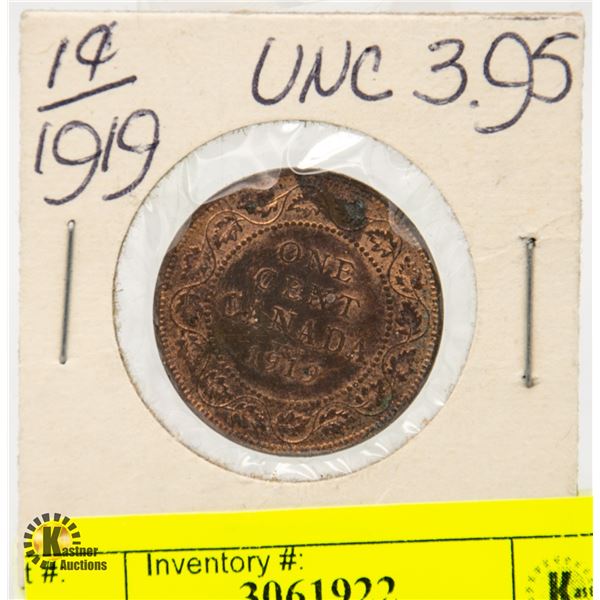 1919 UNCIRC CANADA ONE CENT COIN