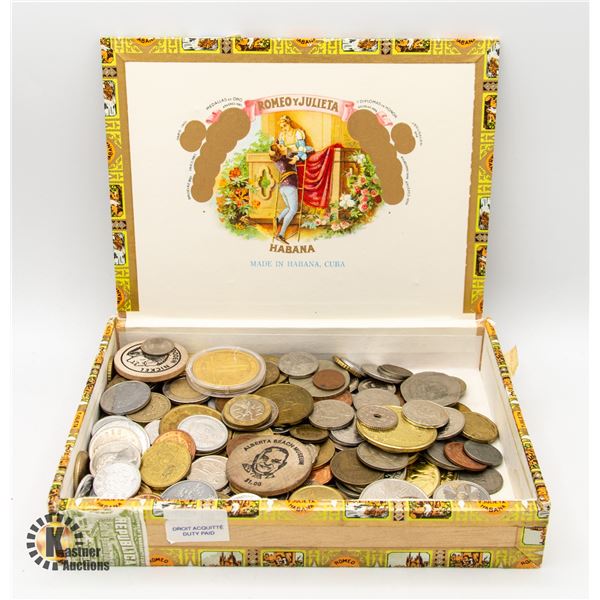 ESTATE CIGAR BOX WITH COINS