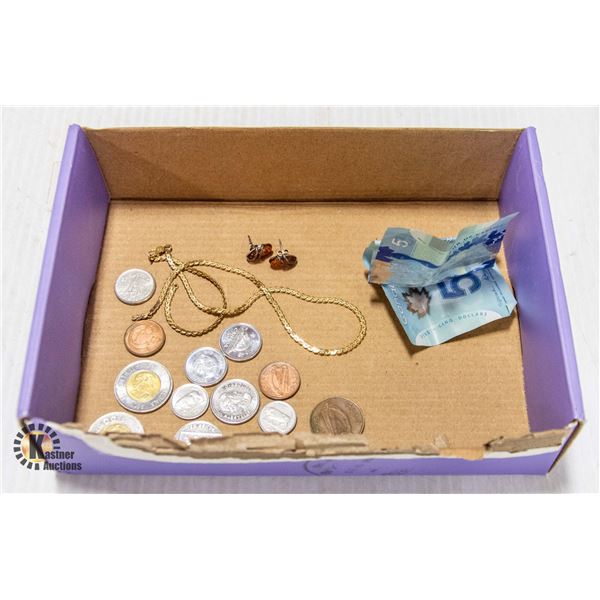 ESTATE BOX WITH MONEY AND JEWELLERY