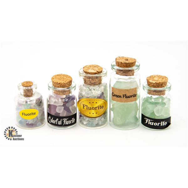 5 MINI GLASS JARS OF VARIOUS FLOURITE