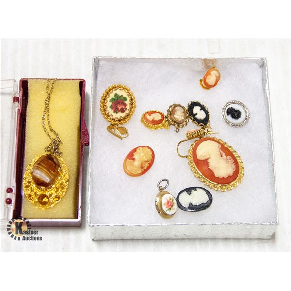 ESTATE VINTAGE CAMEO PIECES, PETIT POINT &