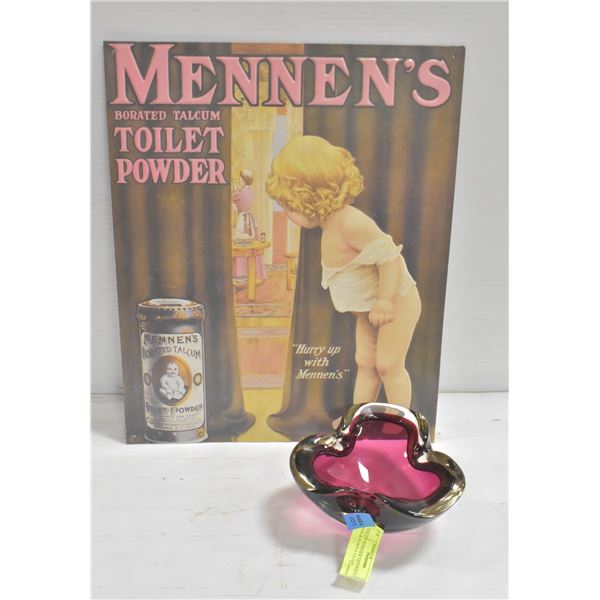 TOILET POWDER MENNENS METAL SIGN & PURPLE GLASS