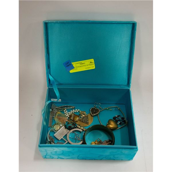 TEAL SATIN BOX FULL OF UNIQUE ESTATE