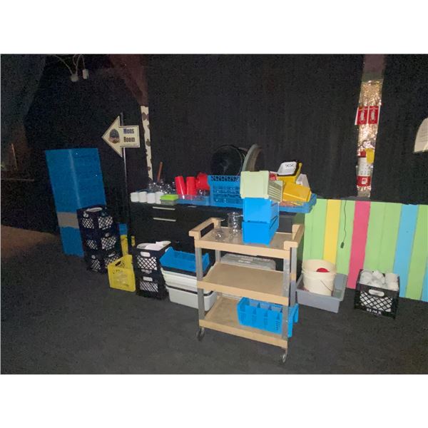 LARGE LOT OF ASSORTED DISHWARE, GLASSWARE, DISHWASHER TRAYS, 3 TIER MOBILE CART. SILVERWARE TRAYS