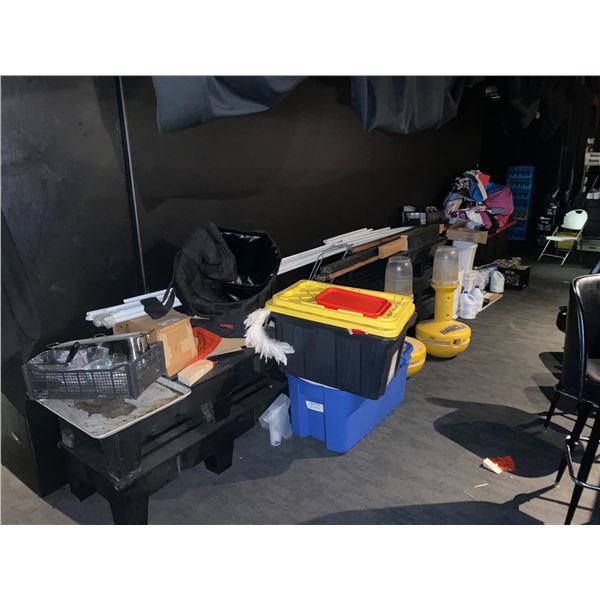 LARGE LOT OF ASSORTED SET DECK AND ASSORTED SUPPLIES INCLUDING PLASTIC COOLER RISER PLATFORMS,