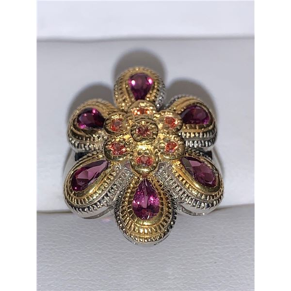 Natural Sapphire Floral design Cluster Ring 3.85 Carat Round & Par Cut .925 Silver with Certificate 