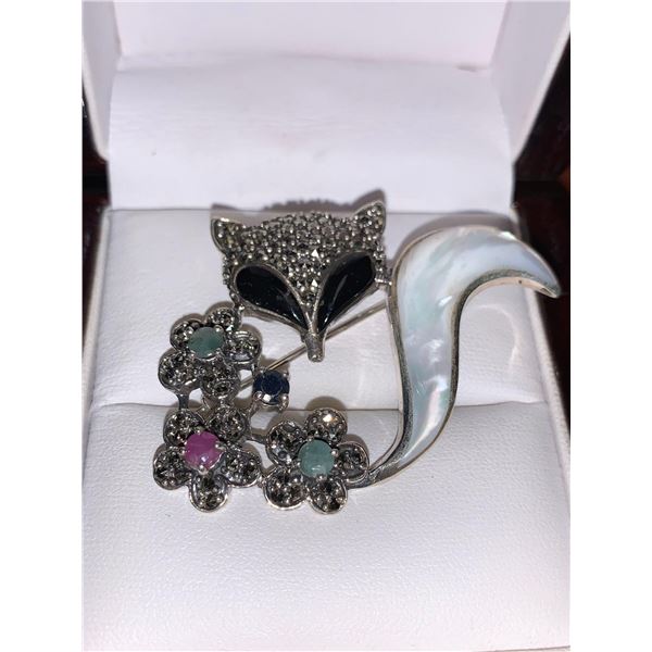 Sapphire & Turquoise Silver Fox 10.17 Carat Broach Pin with Certificate Value $1,300.00