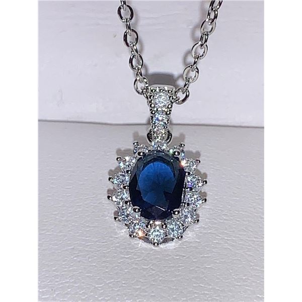 Blue Oval cut Sapphire style Cluster Pendant & Chain Set