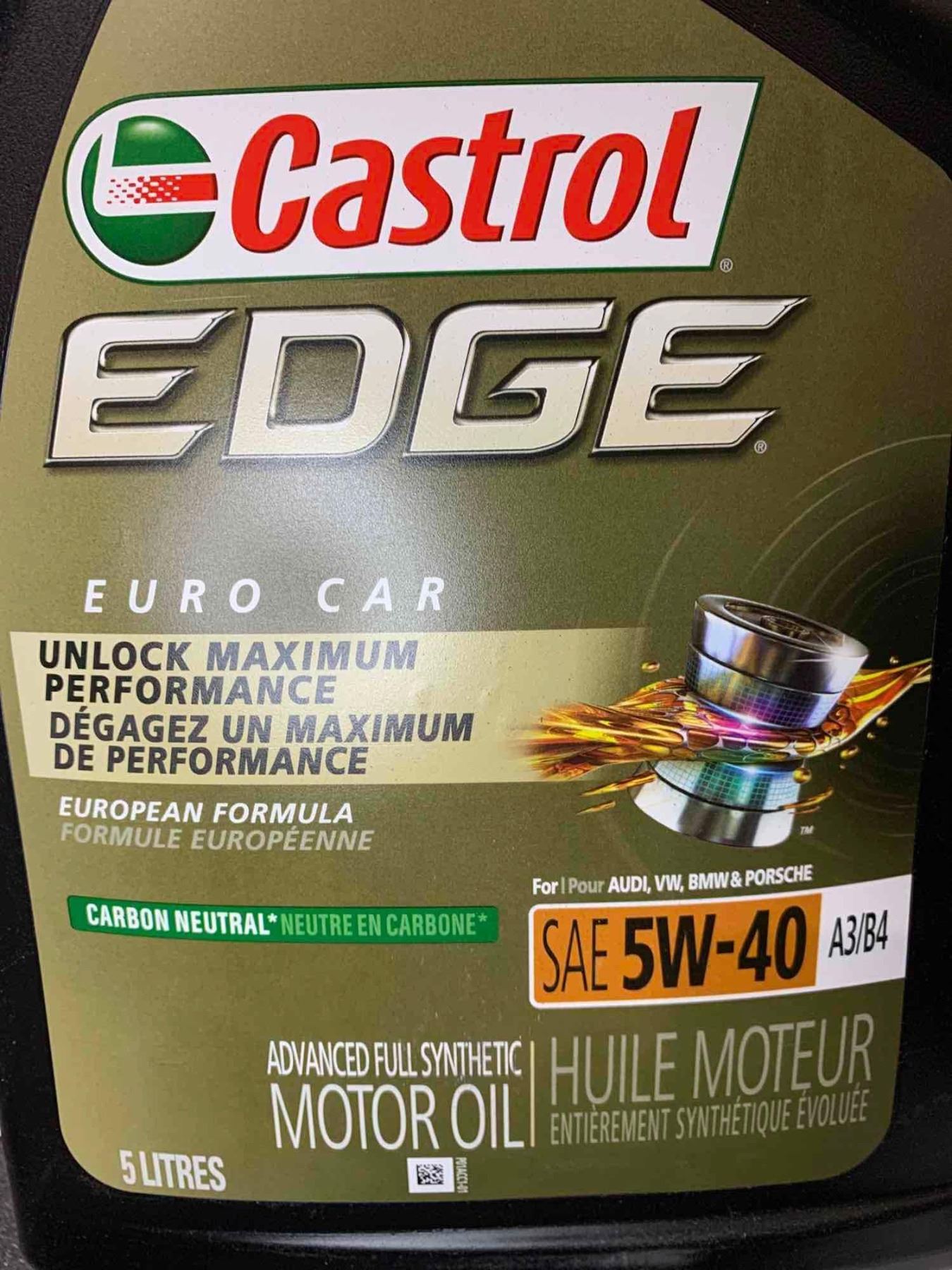 Castrol Edge Euro Guard European Formula SAE 5W-40 Motor Oil 5L