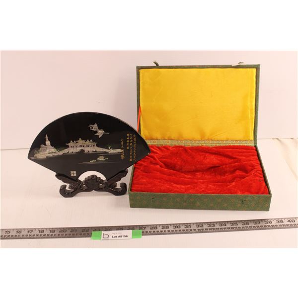 Chinese Fan Shaped Plaque with Stand & Box