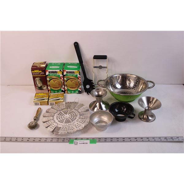 Lot of Canning Supplies and Misc. Kitchen Items - Strainer