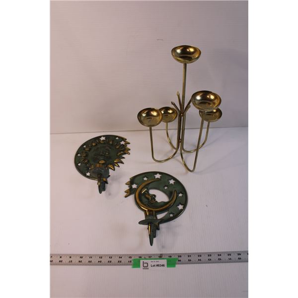 Sun and Moon Wall Candle Sconces and Brass Standing Candelabra