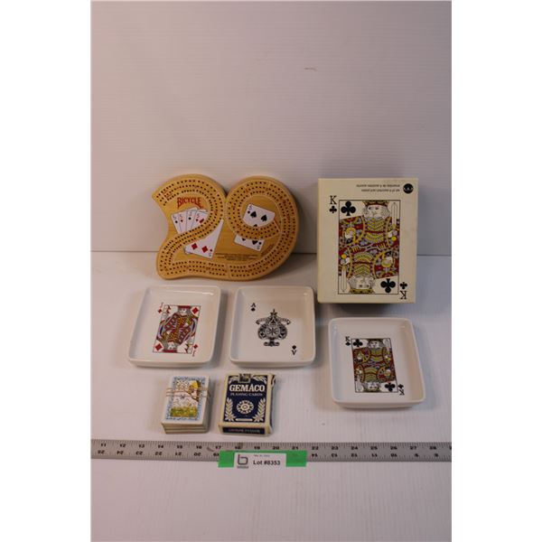 Vintage Card Plates in Box, 29 Cribbage Board and Cards