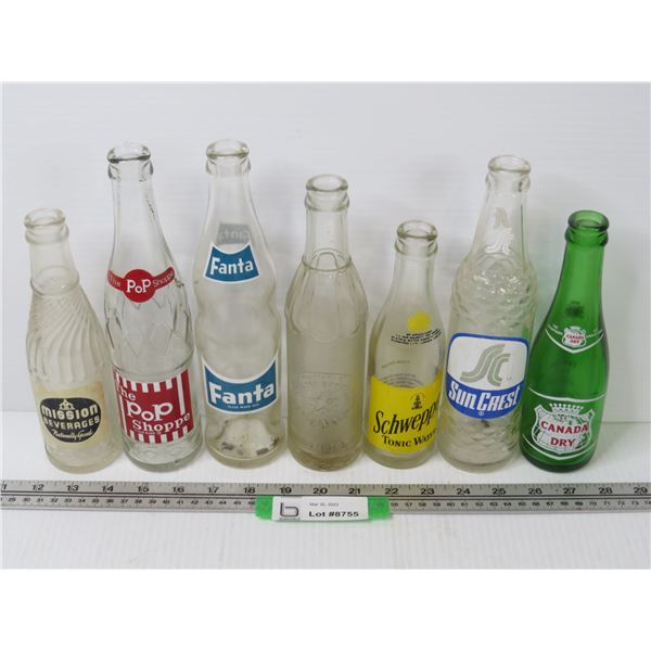 (7) Assorted Soda Bottles - Suncrest - Fanta - PopShoppe - Mission