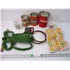 Image 1 : (3) Tins, mugs, Goblet, Macrame, Vinyl Bag