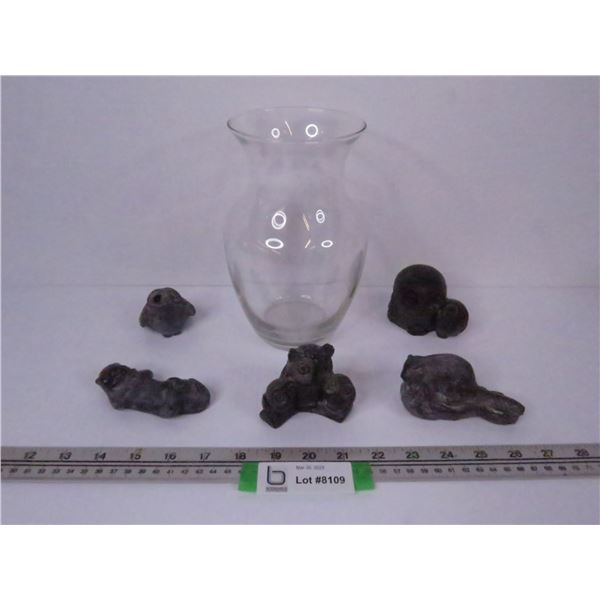 Glass Vase - (5) Soap Stone Carvings