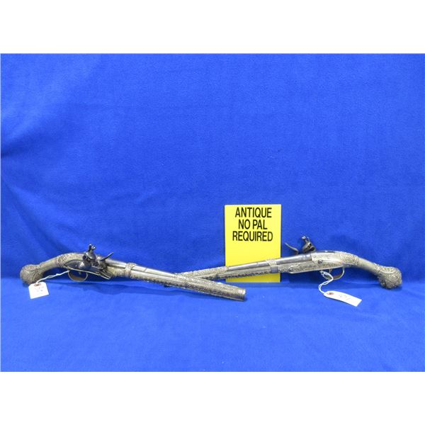 No PAL Required - 2 Antique Balkan/Turkish Style Matching Flintlock Pistols in Approx. 60 Cal.
