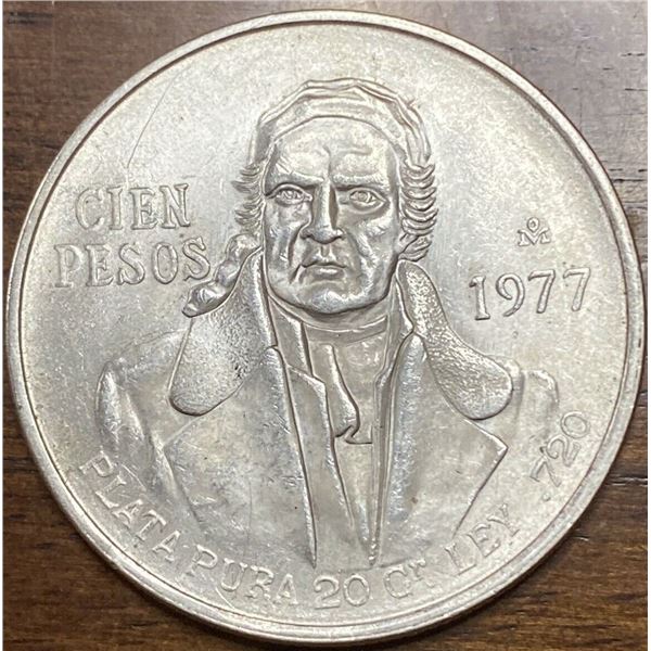 UNCIRCULATED 1977 Mexico Cien 100 Pesos 0.720 Silver Coin 0.6428 ASW