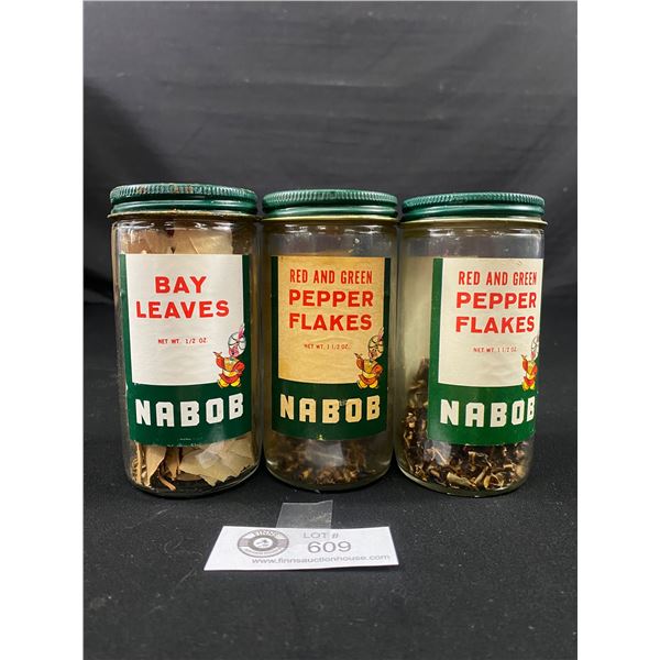 Lot of 3 Vintage Nabob Spice Jars. Bay Leaves and Red and Green Pepper Flakes