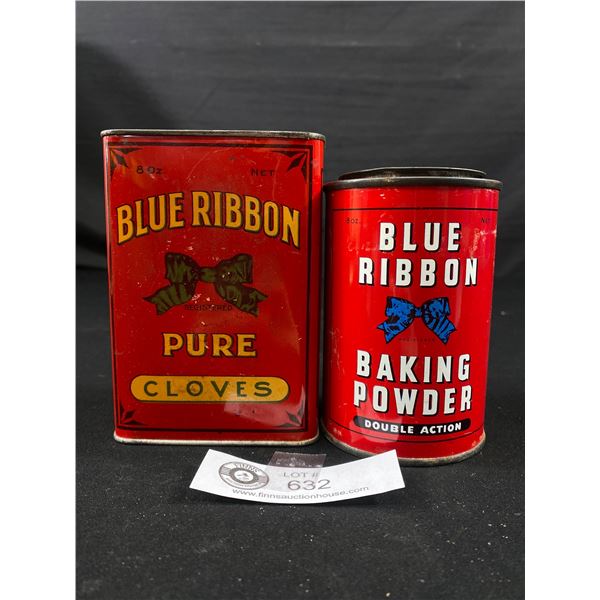 2 Vintage Blue Ribbon Tins. Baking Powder and Pure Cloves