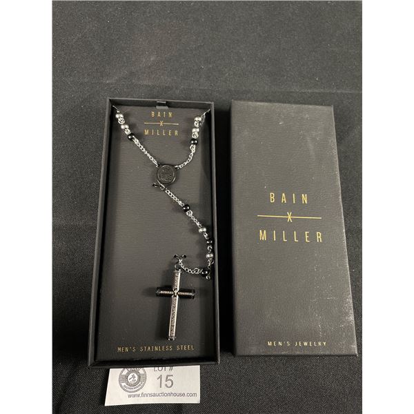 New Bain Miller Mens Stainless Steel Necklace w/Cross, Very Nice Black & Chrome