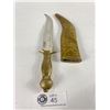 Image 2 : Beautiful Brass Handle/Stainless Steel Ceremonial Dagger w/Brass Embossed Sheath Approx. 9"Long