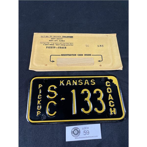 1970 Kansas Pickup/Coach License Plate w/Original Envelope. Mint Condition. Unused