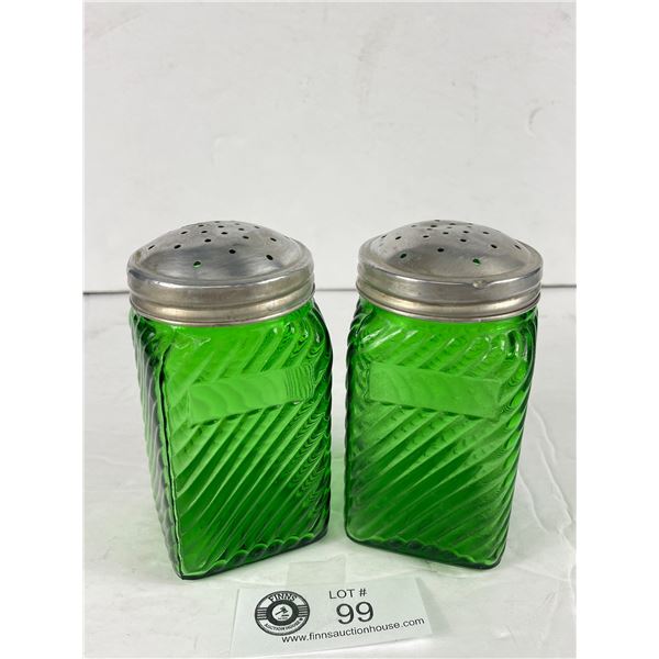 Fabulous 1940's Green Uranium Depression Glass Ribbed Stove Top Shaker Set