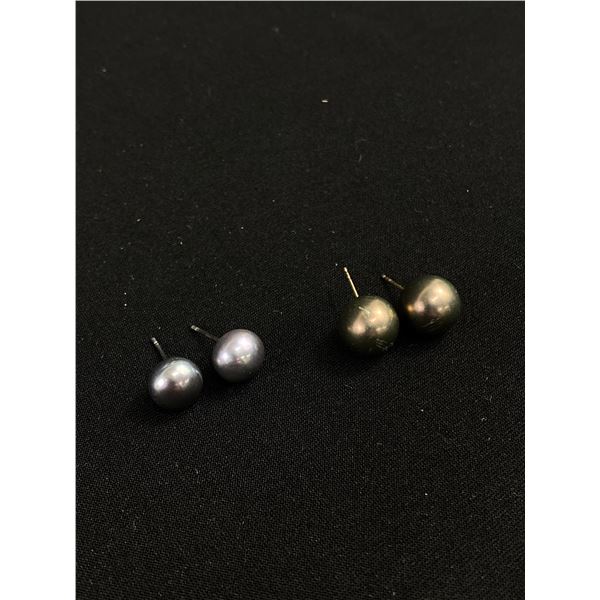 2 Pairs Of Silver Gray Pearl Earrings (1 Pair Real, 1 Pair Faux)