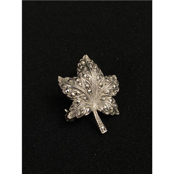 Very Nice Sterling & Marcasite Maple Leaf Brooch