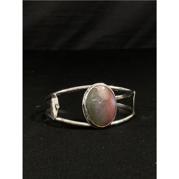 Vintage Large Handcrafted Sterling Silver Bangle w/Large Beautiful Stone