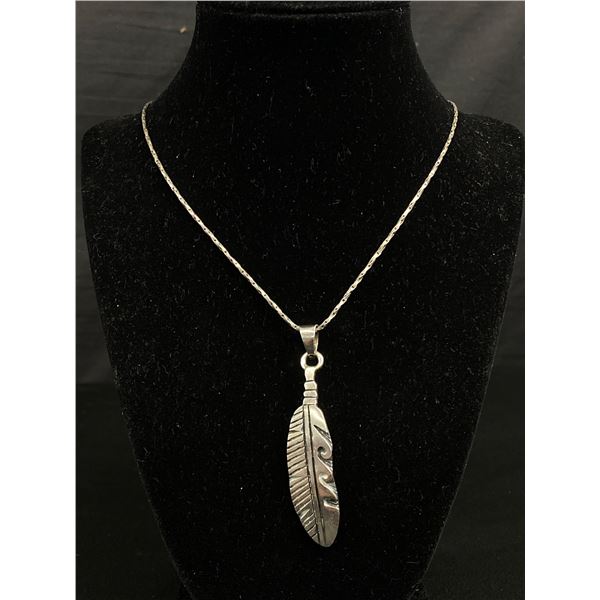 Large .925 Sterling Silver Feather Pendant Marked Mexico w/925 Silver Chain
