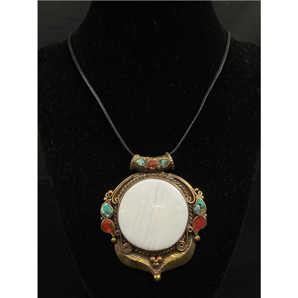 Large Inlaid Turquois & Coral Pendant w/Large Stone