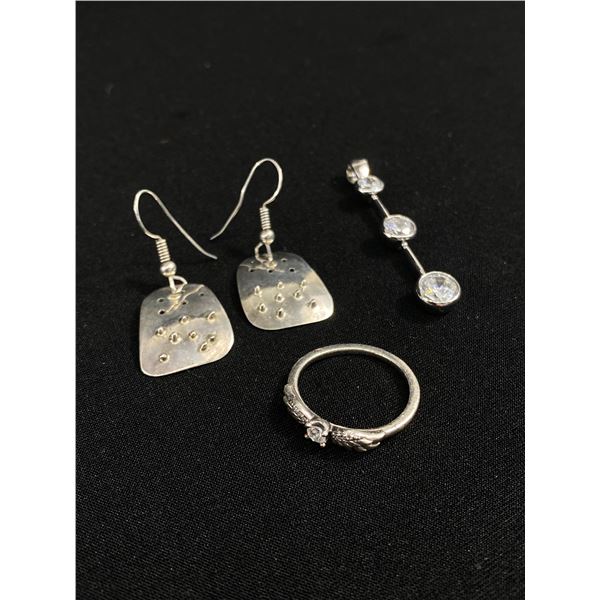 1 Sterling Silver Ring & 3 Stone Pendant & Pair Earrings