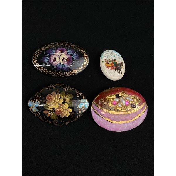 4 Vintage Hand Painted Brooches