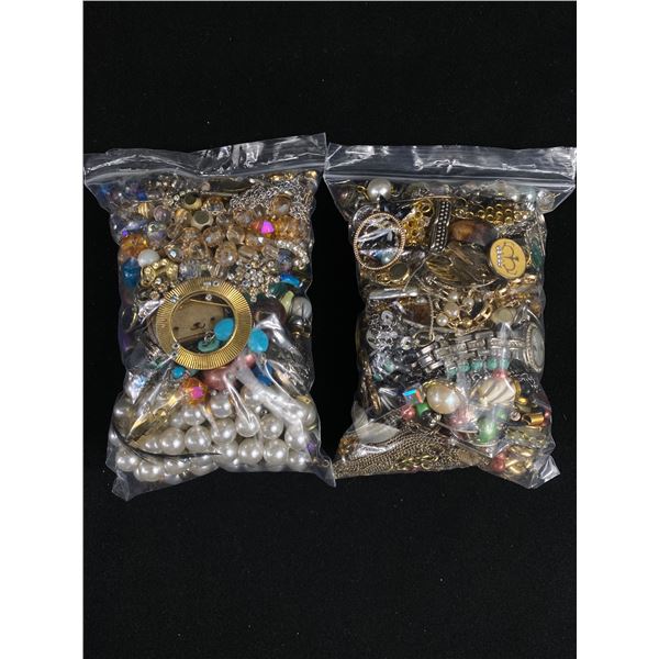 2 Small Bags Of  Various Costume Jewelry,Parts, Beads Etc