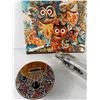 Image 2 : Colourful Owl Painting, Long Jar Of Buttons & A 7 Key Thumb Piano