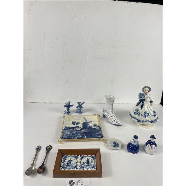 Vintage Lot Of Delft Blue, Etc Collectibles, Salt & Pepper Shakers, Spoons, Music Box etc